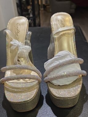 Cathy Din Gold Rhinestone Platform Sandals